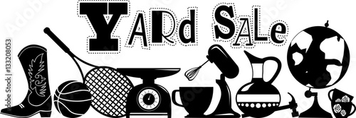 Yard sale vector silhouette banner with assorted household and sport items, EPS 8, no white objects