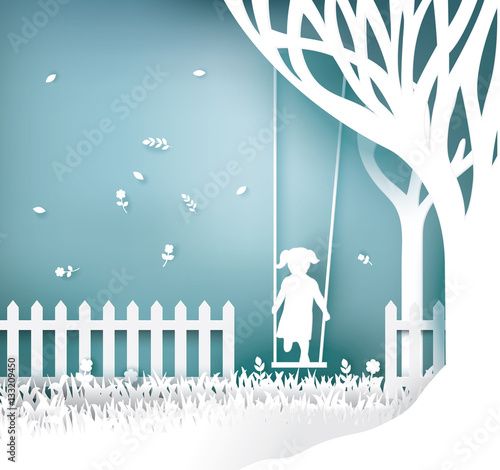  tree with swinging kid , paper cut style.vector illustration