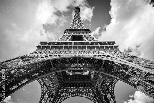 White angle view of the Eiffel tower in Paris, France. Black and white photo.
