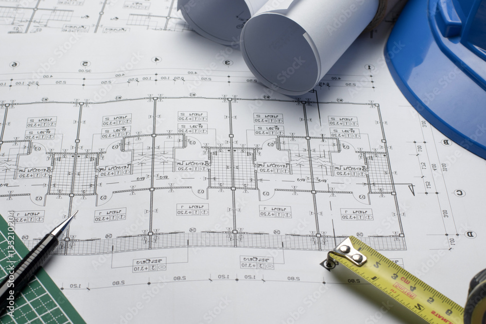 Architectural Plans Project Drawing With Blueprints Rolls Stock Photo Architectural Plans Project Drawing With Blueprints Rolls Stock Photo