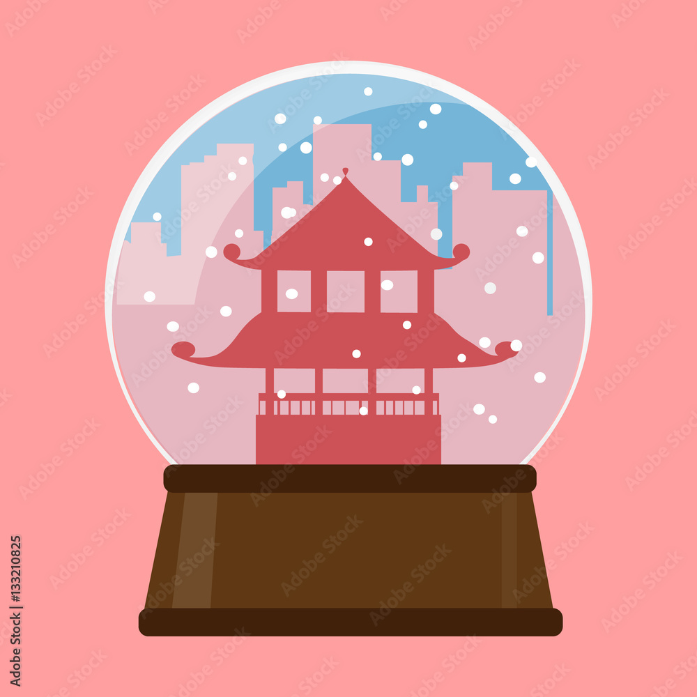 China New Year. Tradition China building in snow globe