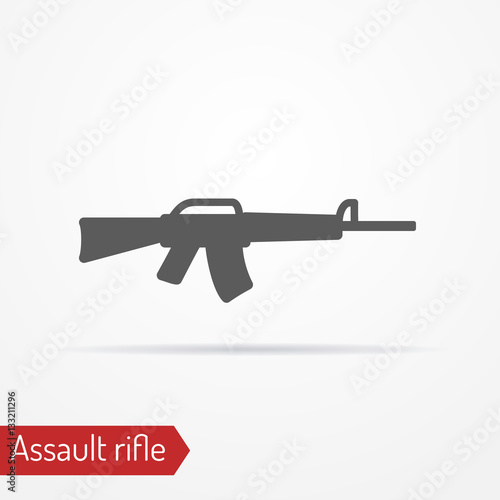 Abstract isolated assault rifle icon in silhouette style with shadow. Typical army weapon. Military vector stock image.