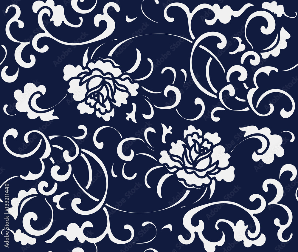 Seamless Blue Japanese Background Garden Spiral Vine Flower Seamless Blue Japanese Background Garden Spiral Vine Flower