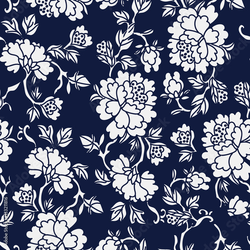 Seamless Blue Japanese Background Botanic Garden Flower Leaf