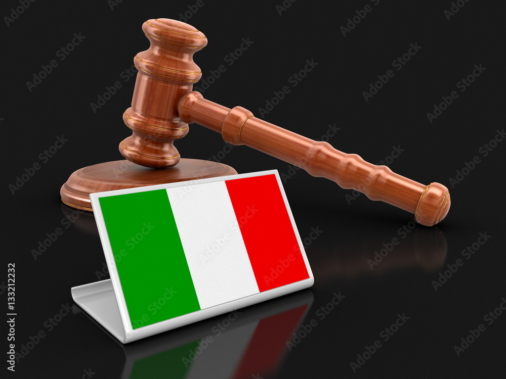 3d wooden mallet and Italian flag. Image with clipping path