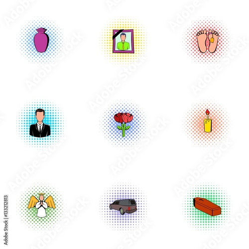 Death of person icons set, pop-art style