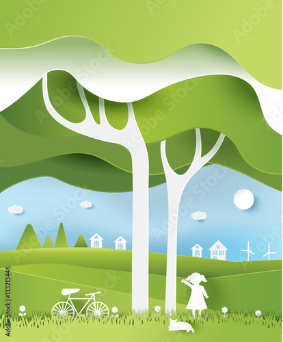 eco paper art design style,  tree and family  with nature.vector illustration