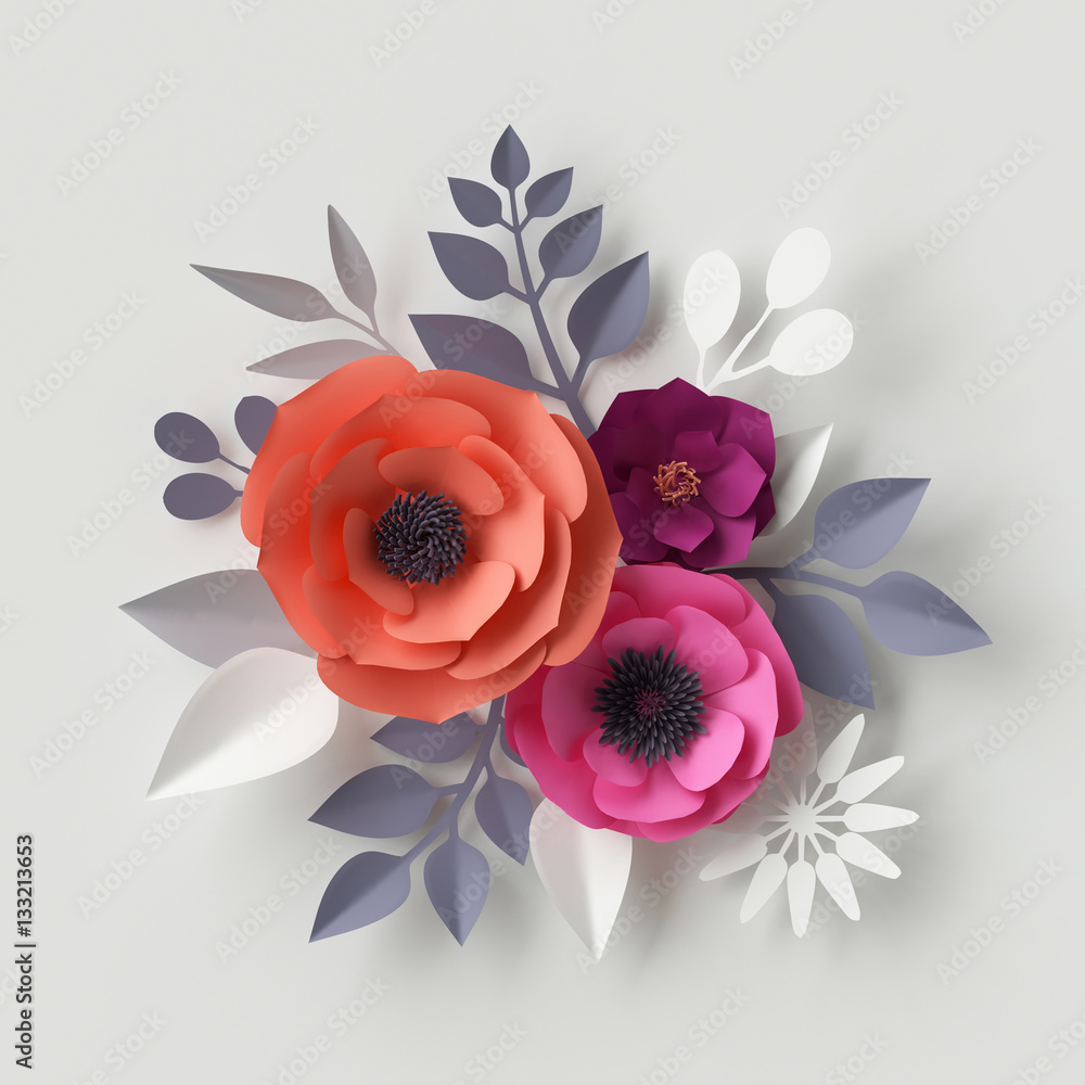 Fototapeta Kolorowe papierowe kwiatki 3D z szarymi liśćmi