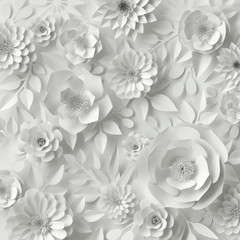 3d render, digital illustration, white paper flowers, wedding floral background, Valentine's day