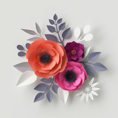 3d render, digital illustration, red pink orange paper flowers, floral background, Valentine's day greeting card
