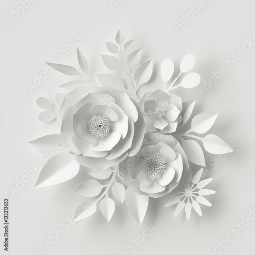 3d render, digital illustration, white paper flowers, wedding floral background, Valentine's day 