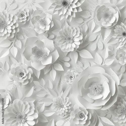 3D Fototapete Blätter - Fototapete 3d render, digital illustration, white paper flowers, wedding floral background, Valentine's day