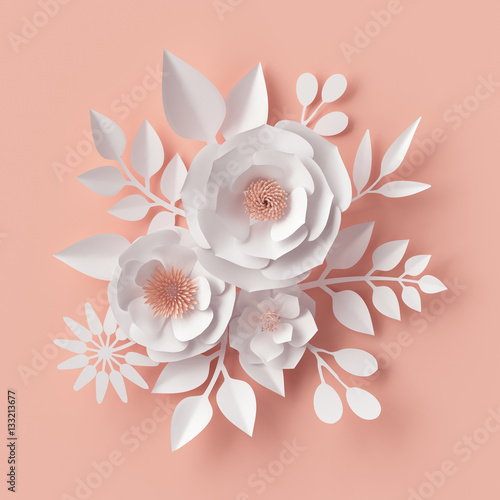 3d illustration, white paper flowers, blush floral background, Valentine's day card, wedding bouquet