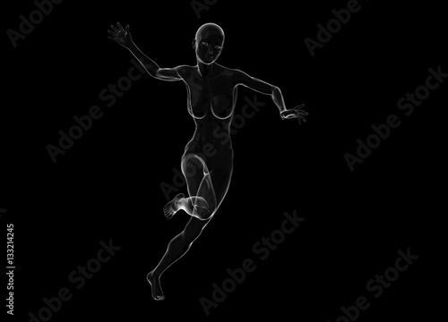Slim attractive sportswoman made of glass or soap bubble running against a black background. 3d illustration © skrotov