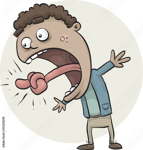A man reacts with shock when he finds his tongue tied in a knot.