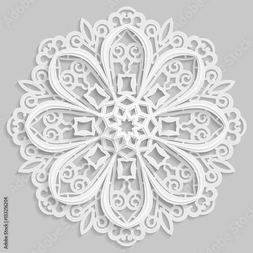 Lace 3D mandala  round symmetrical openwork pattern  lacy doily  decorative  snowflake  arabic ornament  indian ornament  embossed pattern  decorative design element   vector