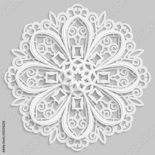 Lace 3D mandala, round symmetrical openwork pattern, lacy doily, decorative  snowflake, arabic ornament, indian ornament, embossed pattern, decorative design element,  vector