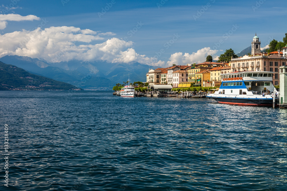 Boat on Lake Como near beautiful town Bellagio in Italy