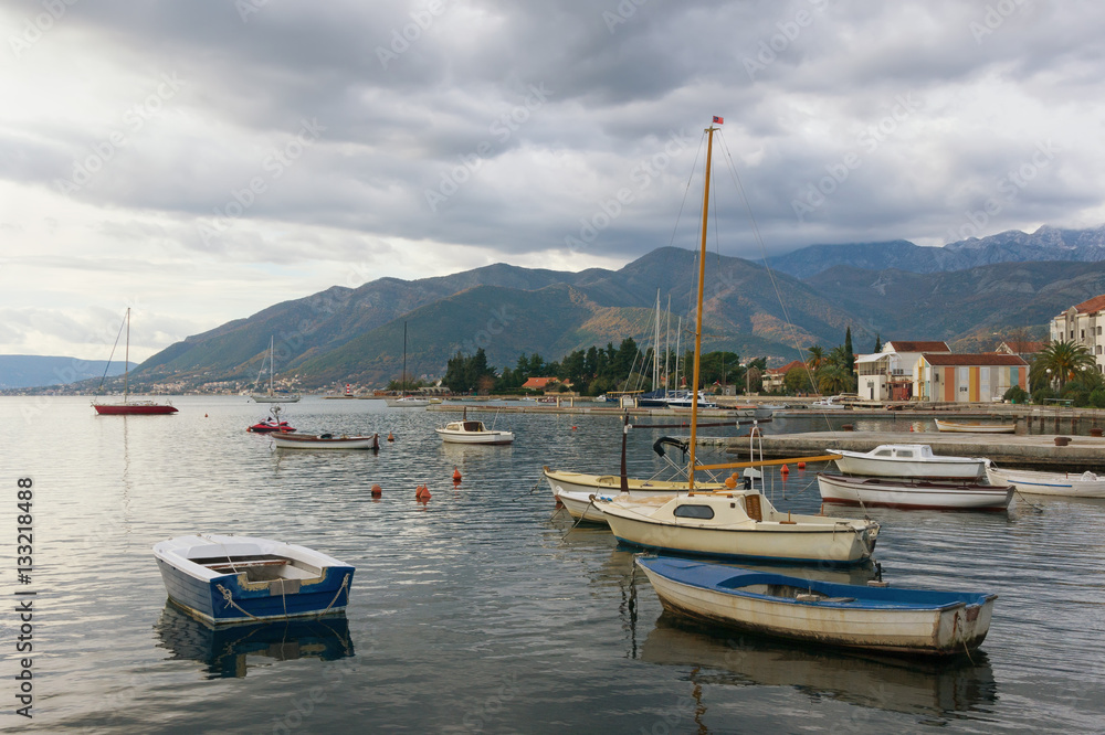 View of  Bay of Kotor on a cloudy winter day. Tivat, Montenegro