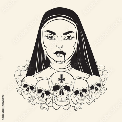 Vector illustration of nun with human skull blood and cross made in hand drawn line realistic style. Template for card poster banner print for t-shirt