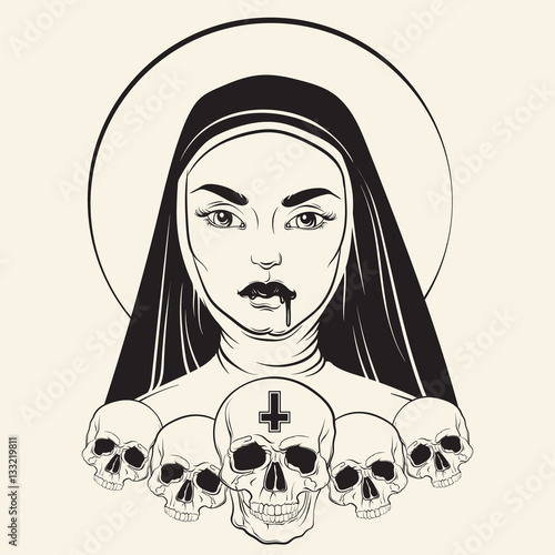 Vector illustration of nun with human skull blood and cross made in hand drawn line realistic style. Template for card poster banner print for t-shirt