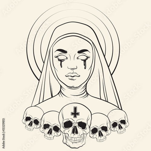 Vector illustration of blind nun with human skull blood and cross made in hand drawn line realistic style. Template for card poster banner print for t-shirt