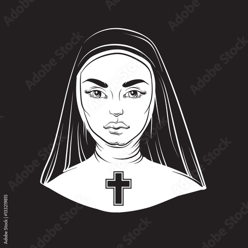 Vector illustration of nun with cross made in hand drawn horror line realistic style. Template for card poster banner print for t-shirt