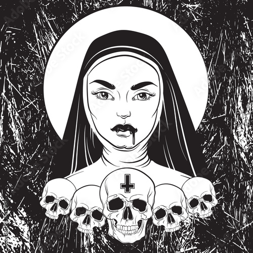 Vector illustration of nun with human skull blood and cross made in hand drawn line realistic style. Template for card poster banner print for t-shirt