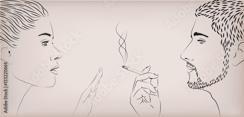 Woman female girl lady ban prohibit against men smoking smoke cigarette male face to face profile. Vector horizontal beautiful lifestyle sign signboard close-up side view illustration beige background