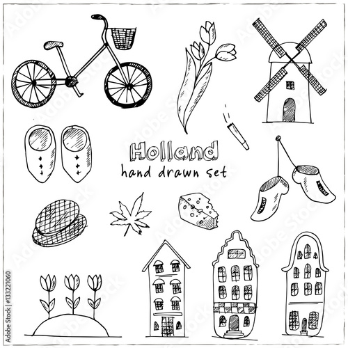 Doodle hand drawn collection of Holland icons. Netherlands culture elements for design. Vector illustration travel objects