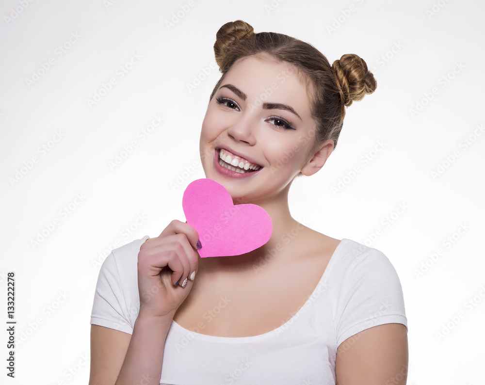 Happiness girl with pink heart Happiness girl with pink heart