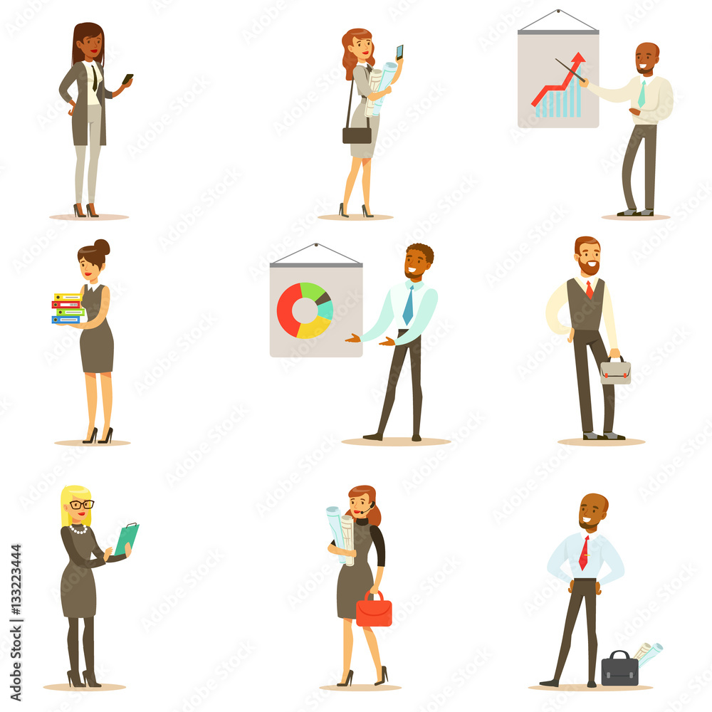 Business, Finance And Office Employees In Suits Busy At Work Set Of Smiling Cartoon Businessman And Businesswoman Characters Illustrations