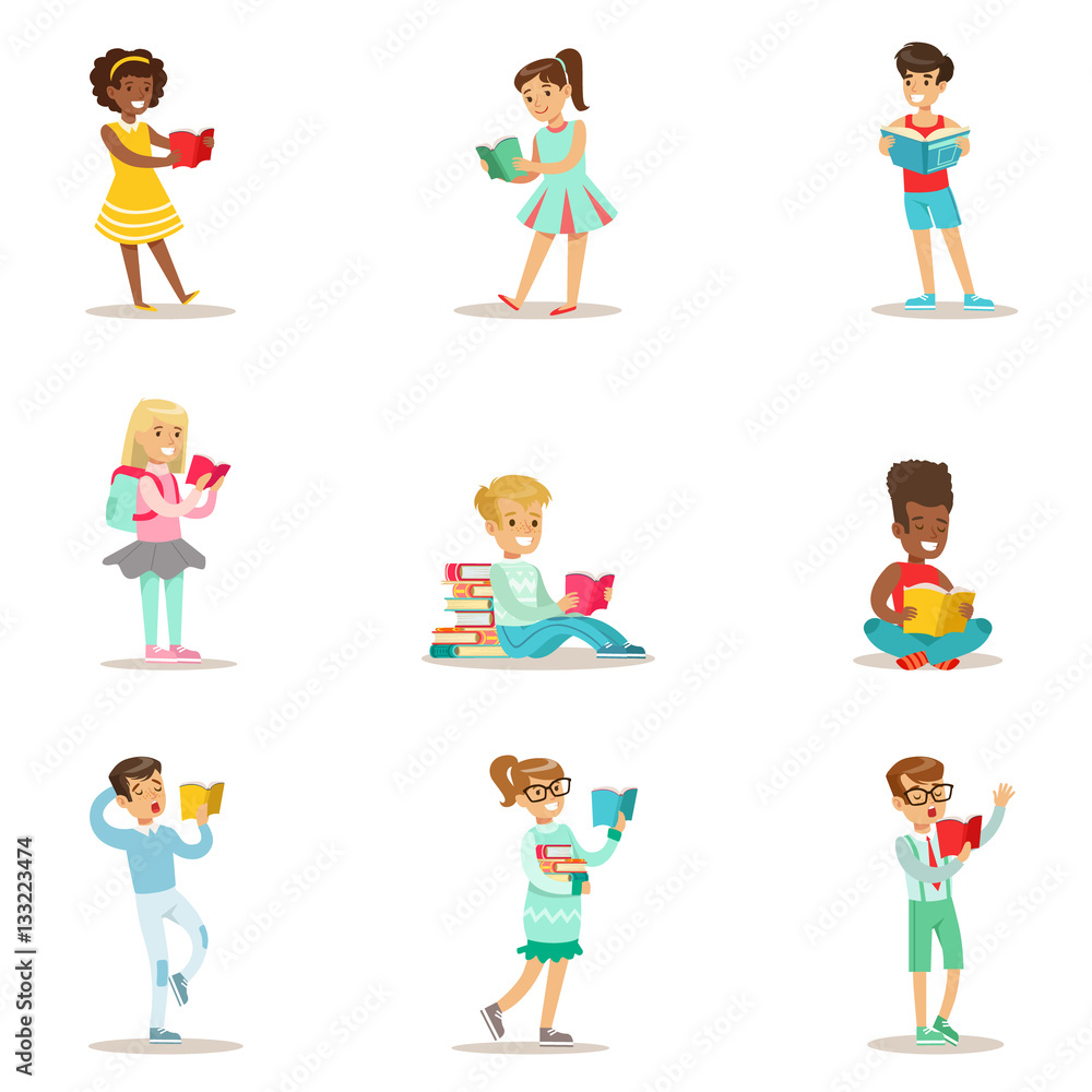 Children Who Love To Read Set Of Illustrations With Kids Enjoying Reading Books At Home And In The Library