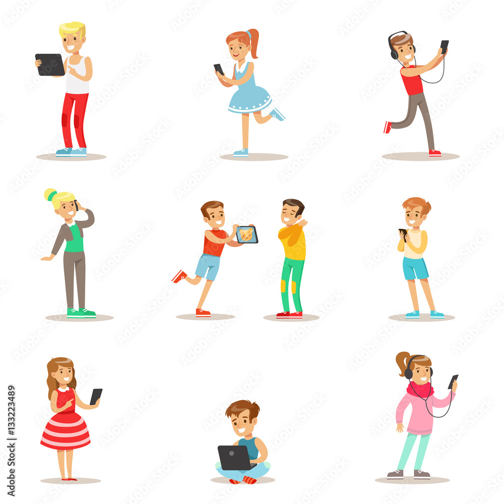 Children And Gadgets Set Of Illustrations With Kids Watching, Listening And Playing Using Electronic Devices