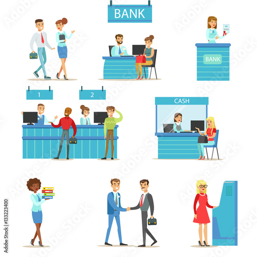 Bank Service Professionals And Clients Different Financial Affairs Consultancy, ATM Cash Manipulation And Other Business Collection Of Illustrations