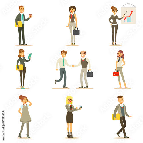 Business, Finance And Office Employees In Suits Busy At Work Set Of Cartoon Businessman And Businesswoman Characters Illustrations