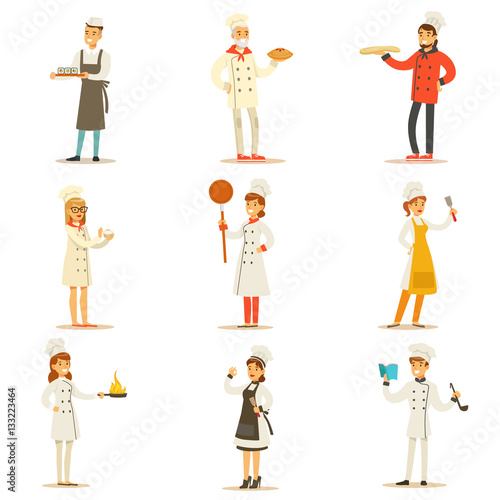 Professional Cooking Chefs Working In Restaurant Wearing Traditional White Uniform Set OF Cartoon Characters