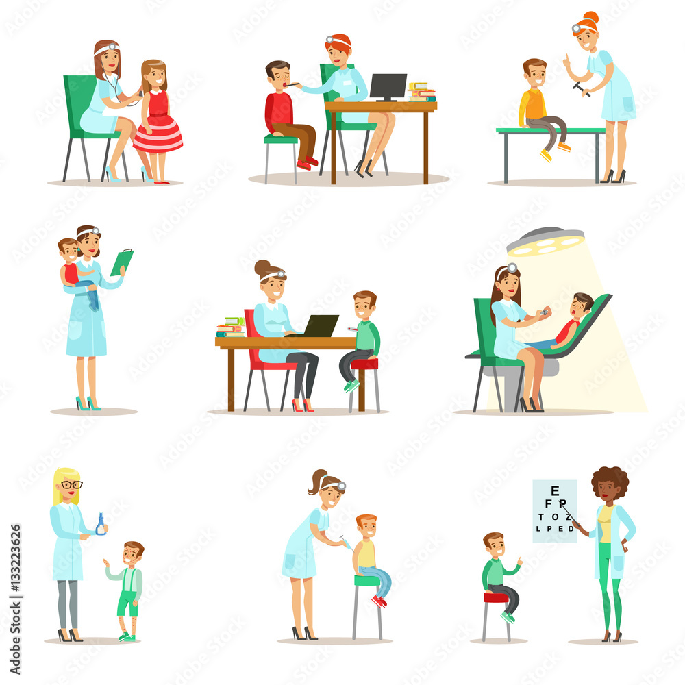 Children On Medical Check-Up With Female Pediatrician Doctors Doing Physical Examination For The Pre-School Health Inspection Children On Medical Check-Up With Female Pediatrician Doctors Doing Physical Examination For The Pre-School Health Inspection