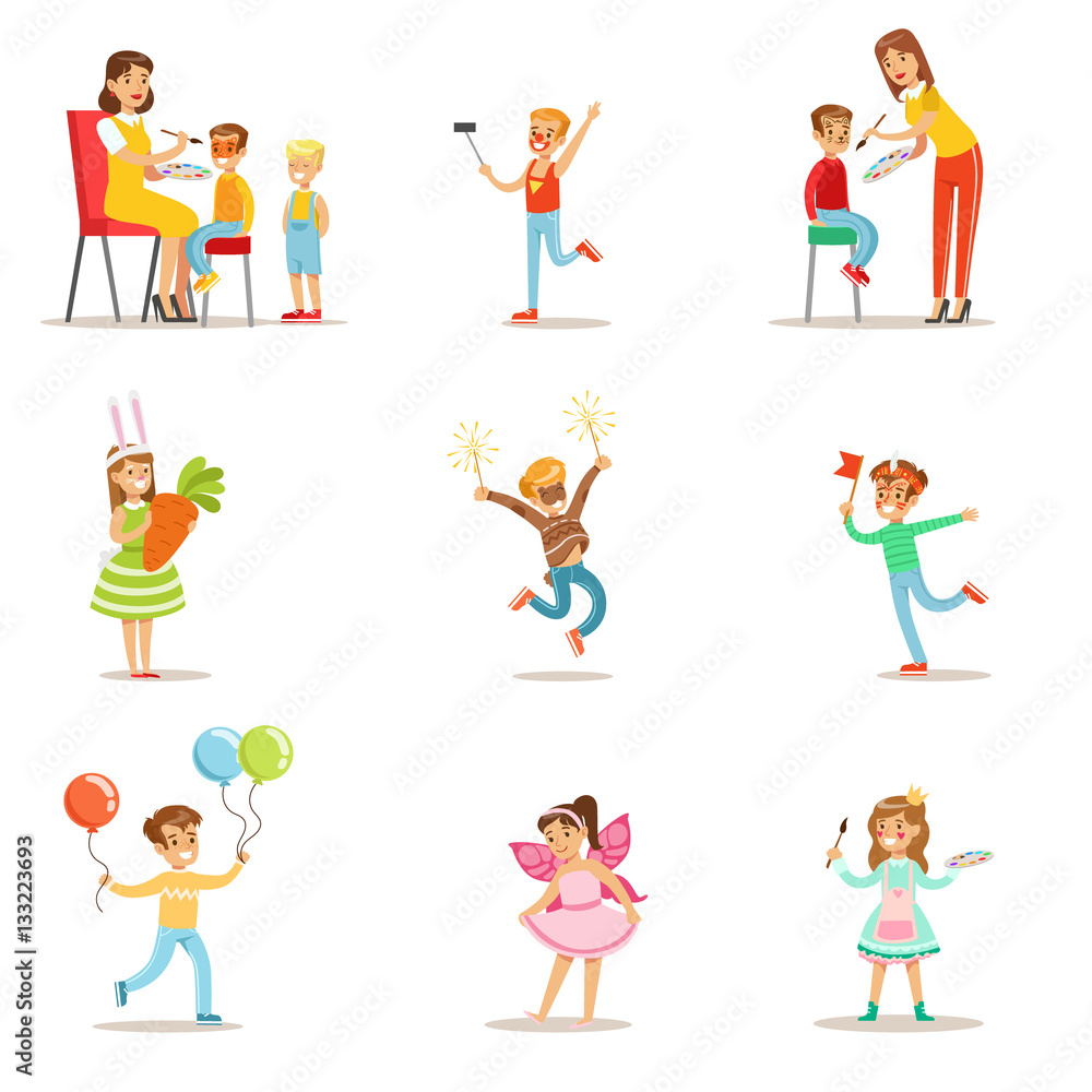 Children In Costume Party Set OF Vector Illustrations With Happy Smiling Kids Having Their Faces Painted And Demonstrating Disguises At Festival Celebration
