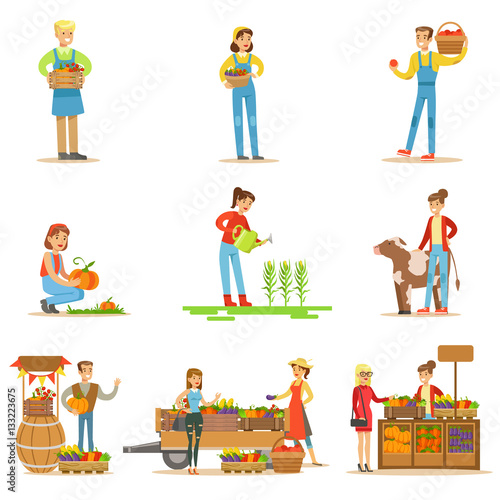 Farmers Men And Women Working At The Farm And Selling Fresh Farming Vegetables On Natural Organic Product Market