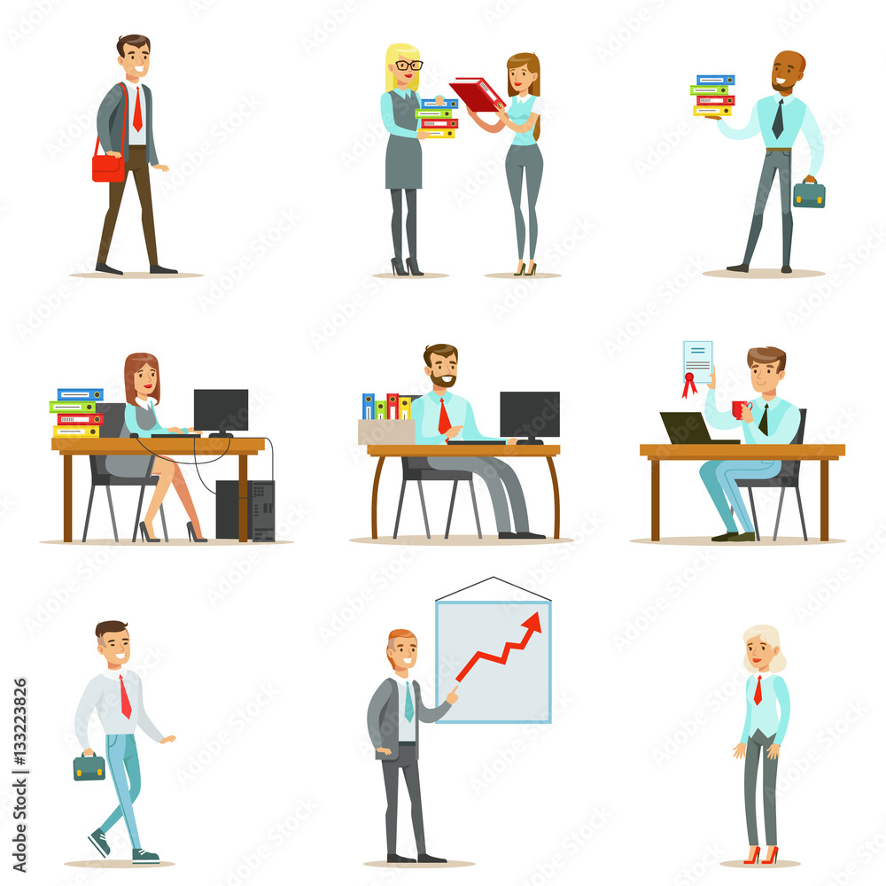 Happy Office Workers And Managers Working In The Office Space On Their Desks And Performing Other Tasks Set Of Illustrations