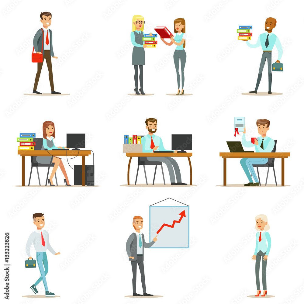 Happy Office Workers And Managers Working In The Office Space On Their Desks And Performing Other Tasks Set Of Illustrations Happy Office Workers And Managers Working In The Office Space On Their Desks And Performing Other Tasks Set Of Illustrations