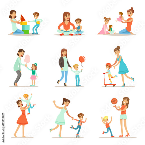 Loving Mother Playing And Enjoying Good Quality Mommy Time With Their Happy Children Set Of Cartoon Illustrations