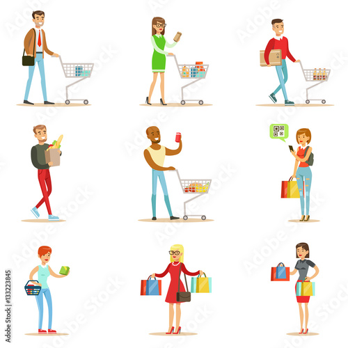 People Shopping In Department Store And Shopping Mall Set Of Cartoon Characters Buying Products And Objects In The Shop