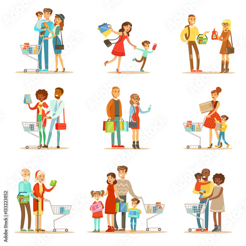 Families Shopping In Department Store And Shopping Mall Set Of Cartoon Characters Buying Products And Objects In The Shop