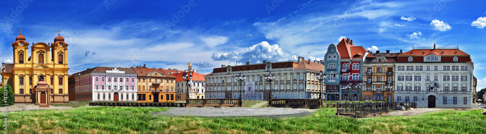 Panoramic view with historical buildings in Union square. Timisoara, Romania Panoramic view with historical buildings in Union square. Timisoara, Romania