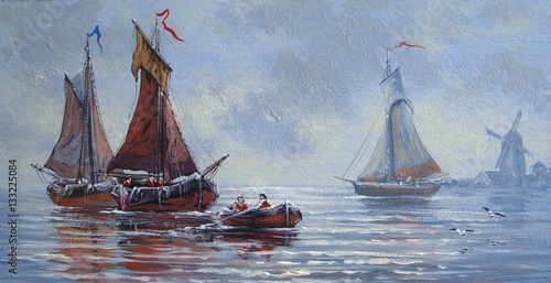 Ships,fisherman,boat,sea,oil paintings