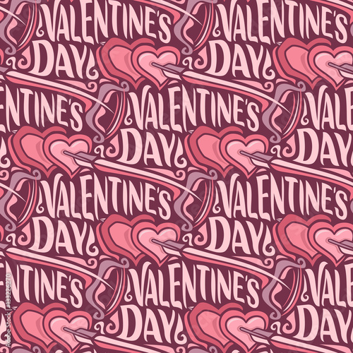Vector seamless pattern for Happy Valentine's Day: bow and flying arrow in hearts on wrapping paper for gift, background with lettering valentines day, abstract holiday decoration wallpaper with text.