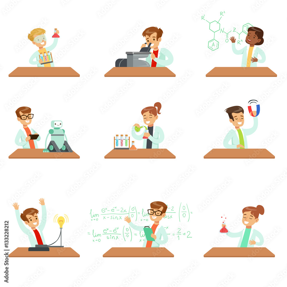 Teens In Lab Coats Doing Science Research Dreaming Of Becoming Professional Scientists In The Future Set Of Cartoon Characters Teens In Lab Coats Doing Science Research Dreaming Of Becoming Professional Scientists In The Future Set Of Cartoon Characters