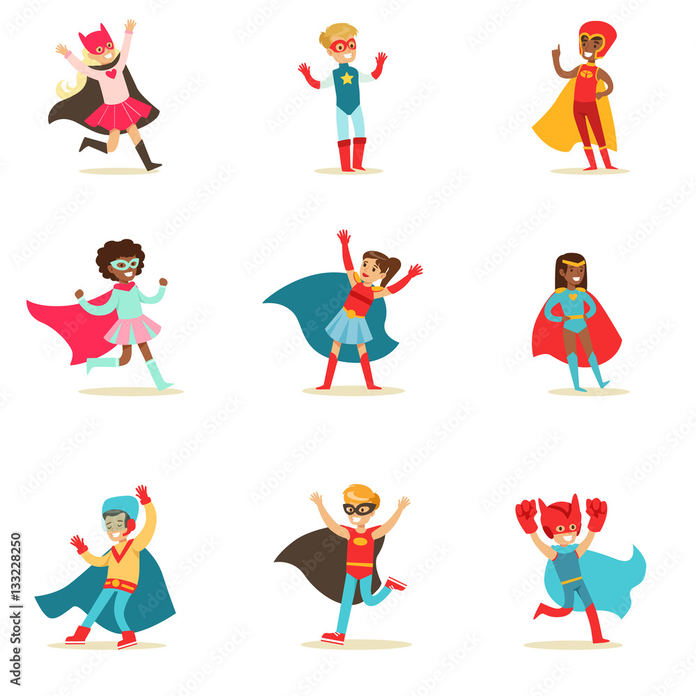 Children Pretending To Have Super Powers Dressed In Superhero Costumes With Capes And Masks Set Of Smiling Characters